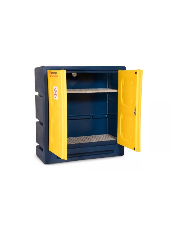 Open Armorgard hazardous substance cabinet with bunded base and shelves