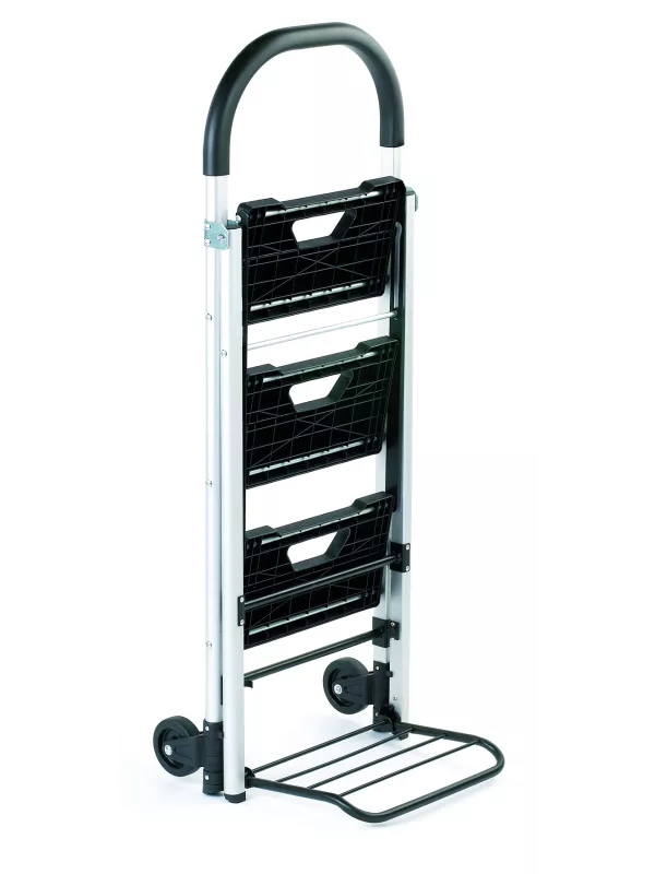 Folding aluminium sack truck with three black loading shelves.