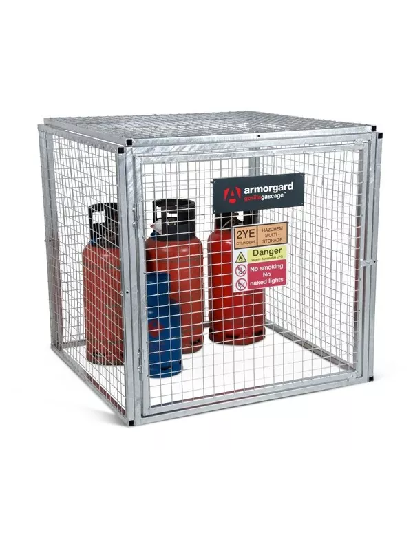 Armorgard gas cylinder storage cage with propane and oxygen bottles inside