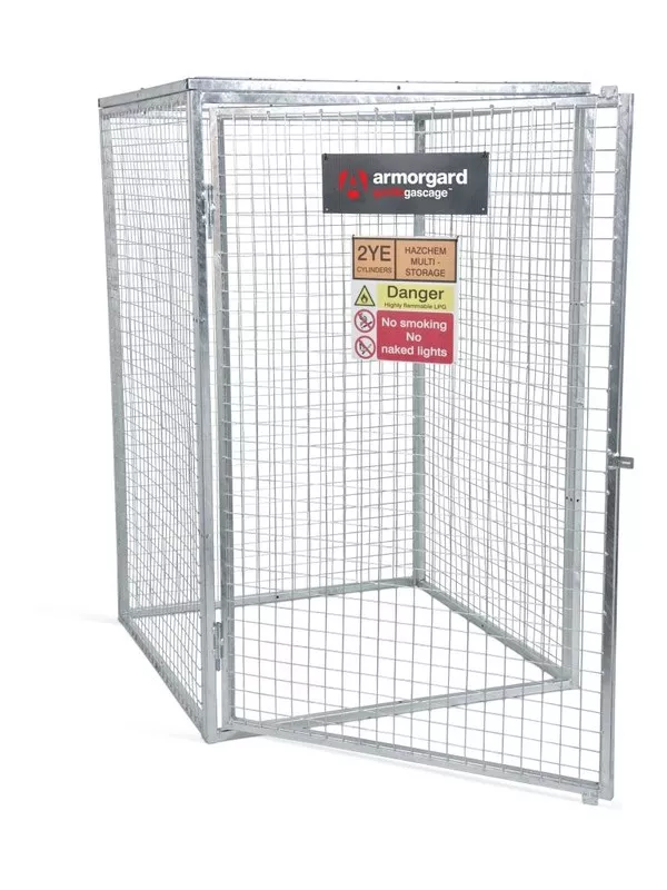 Armorgard mesh gas bottle cage with lockable front gate and warning labels