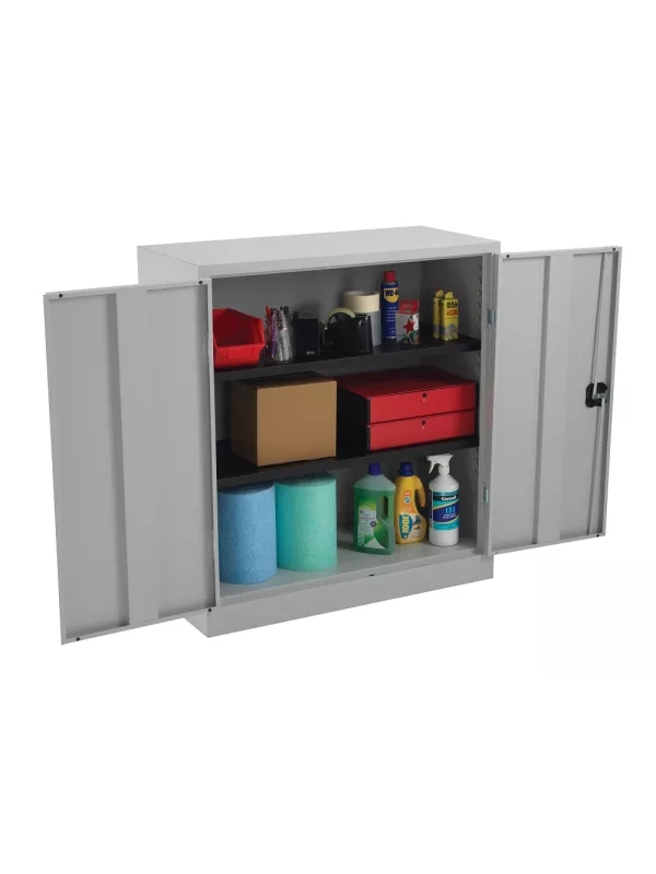 Lockable steel office cupboard with shelves holding files and supplies