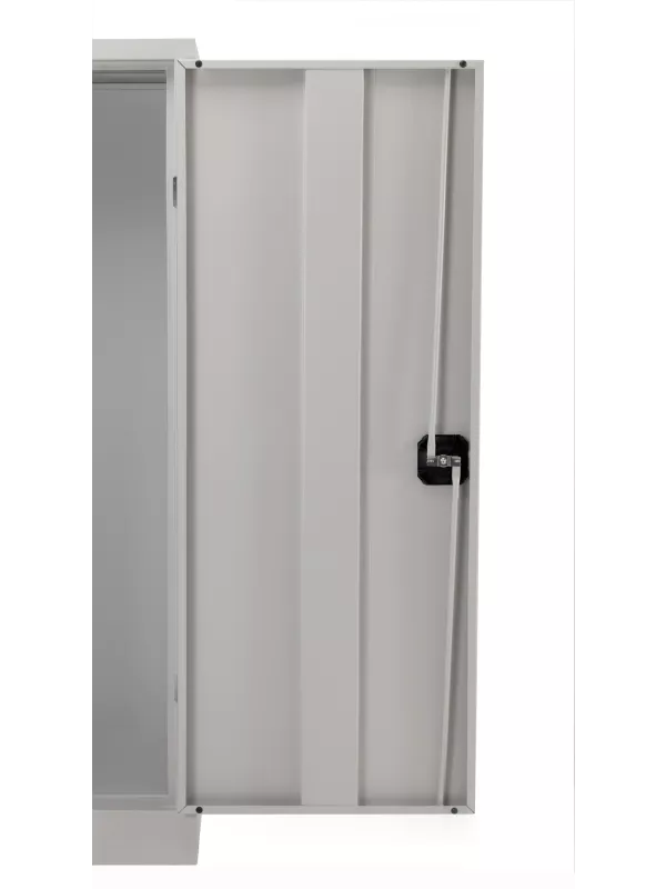 Tall grey steel cupboard with partially open double doors