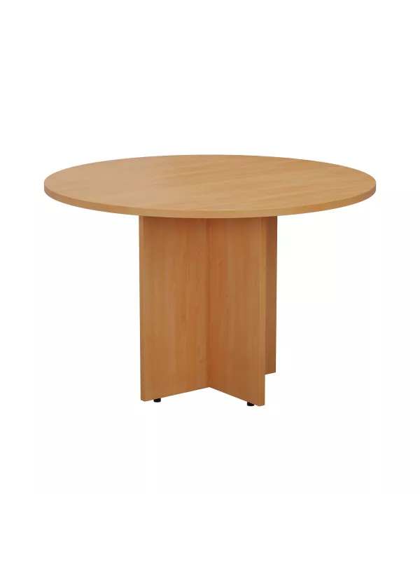Office round meeting table in light wood finish with strong panel support base.