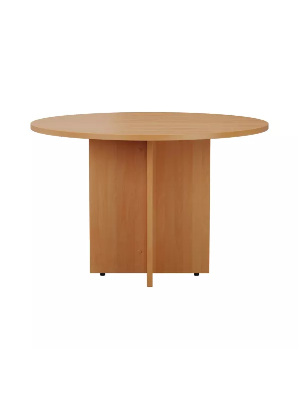Circular wooden conference table designed for workplace meetings and breakout areas.