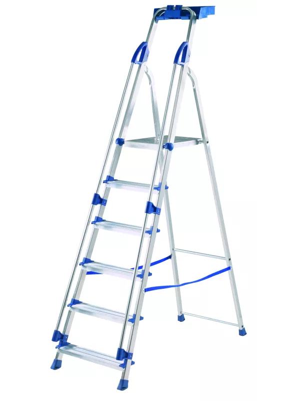 Aluminium step ladder with blue safety rail and seven steps.