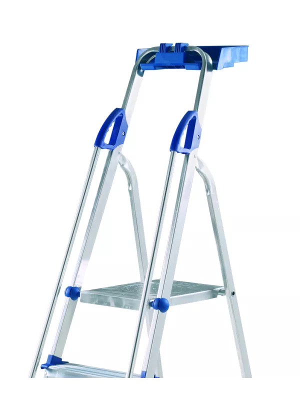 Top section of aluminium step ladder with blue safety rail and tool tray.