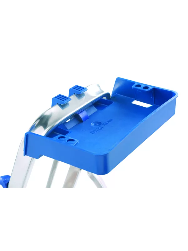 Close-up of blue ladder tool tray with compartments for tools.