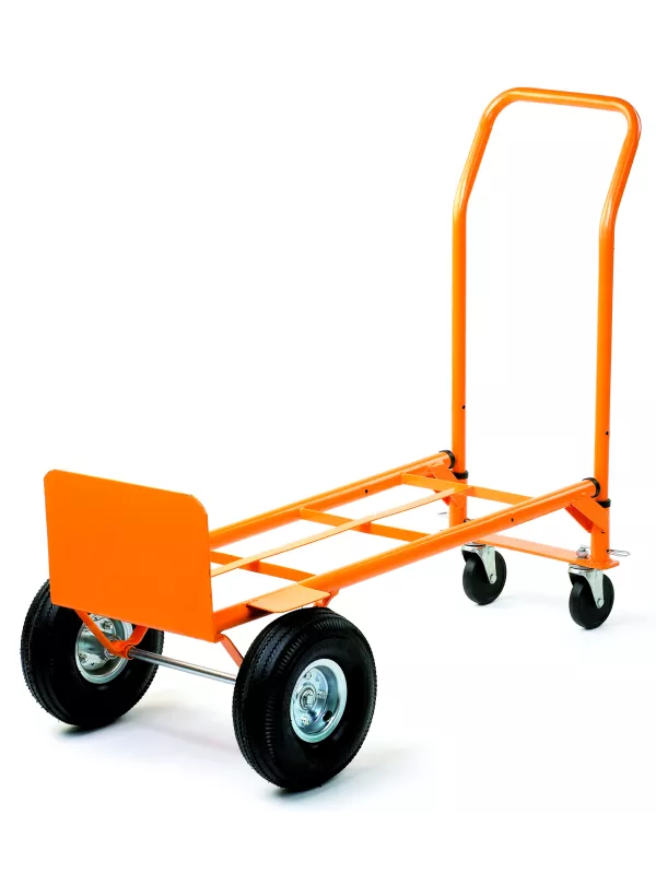 Convertible sack truck in flatbed trolley position with four wheels, ideal for versatile material handling tasks.