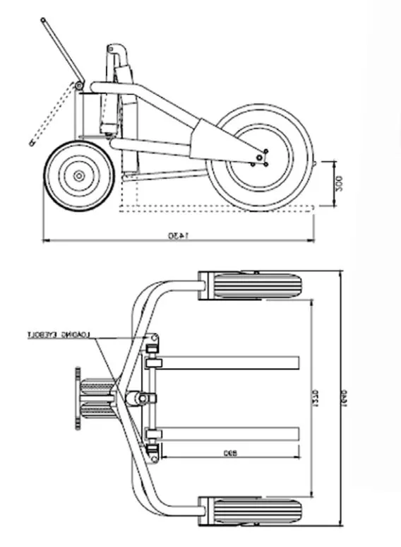 Technical drawing of pallet truck with pneumatic tyres, showing detailed fork dimensions and side profile for material handling use.