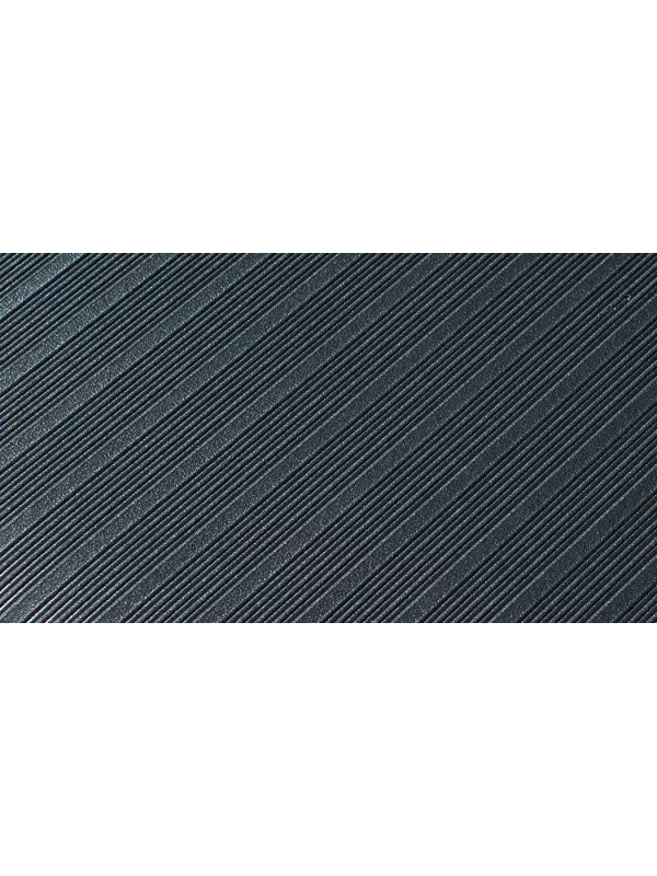 Detailed surface texture of ribbed black anti-fatigue mat – slip-resistant cushioned floor matting.