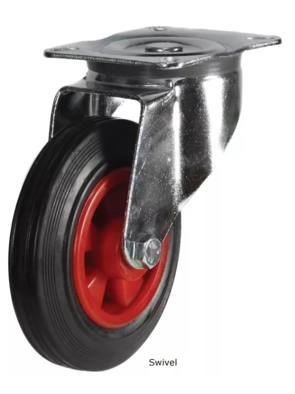 Heavy-duty red rubber swivel castor wheel with steel housing for industrial trolleys and carts.