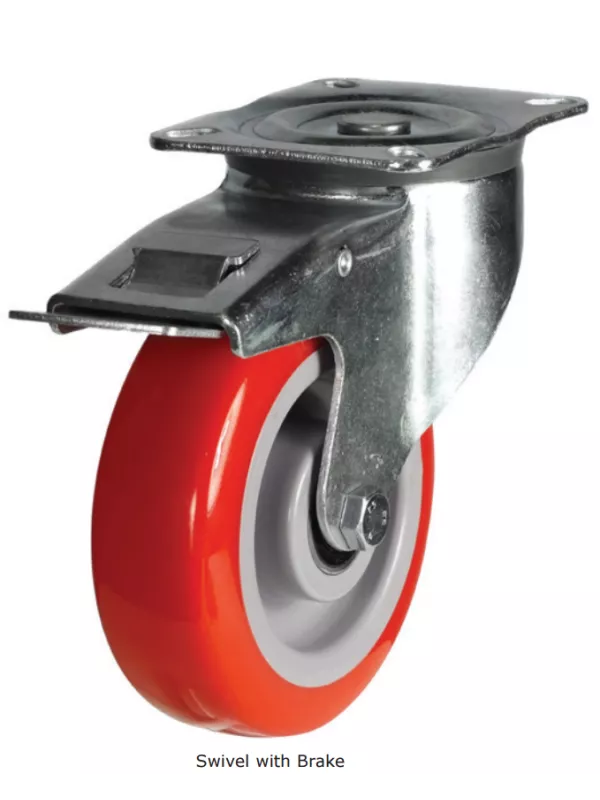 Red polyurethane swivel castor with brake and metal bracket for safe and controlled material handling