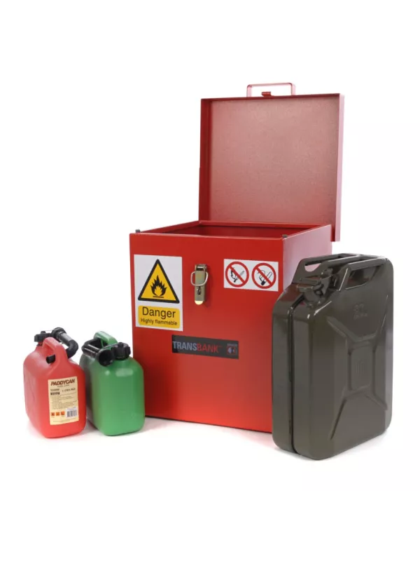 Armorgard TransBank red storage box with open lid and fuel cans