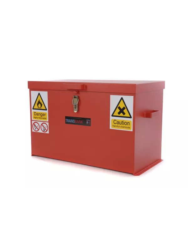 Armorgard TransBank red flammable liquid storage chest with hazard warning labels
