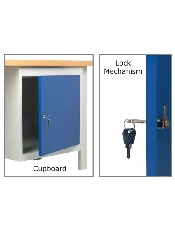 Blue steel cupboard fitted beneath workbench for secure tool and equipment storage.