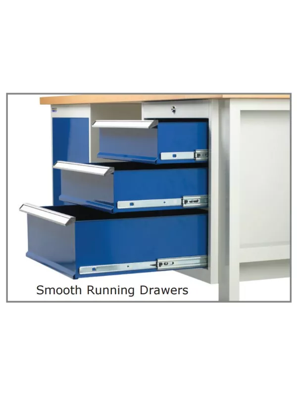 Industrial workbench with integrated drawers and cupboard, combining workspace with secure storage.