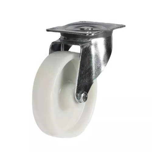 White nylon swivel castor wheel with steel mounting plate for trolleys and industrial equipment.