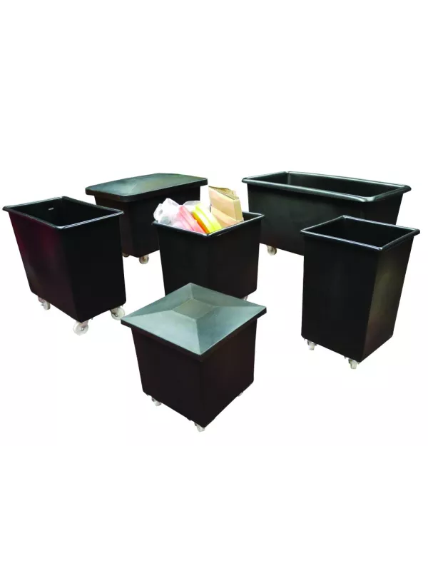 Heavy-duty plastic mobile container trucks with castor wheels – bulk storage and waste handling trucks for warehouses, factories, and industrial use.