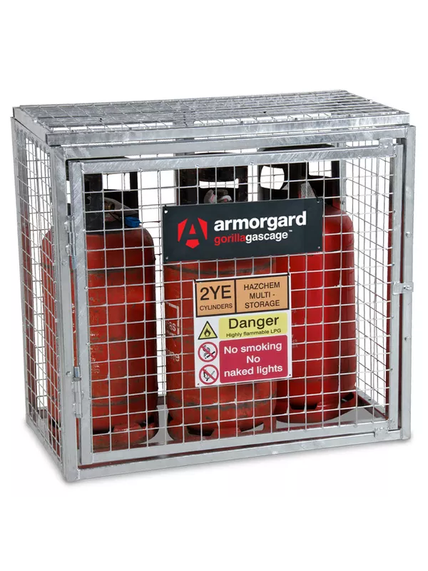 Armorgard mesh gas cylinder storage cage with secure lock and safety signage