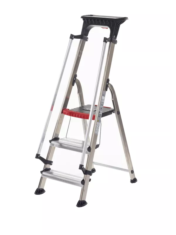 Aluminium step ladder with safety rail and red tool tray.