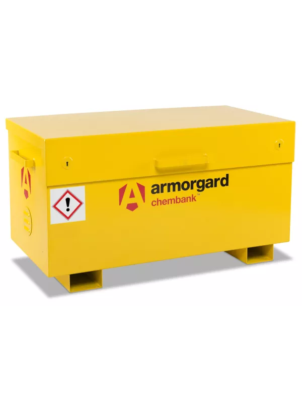 Closed yellow Armorgard hazardous storage box with warning labels