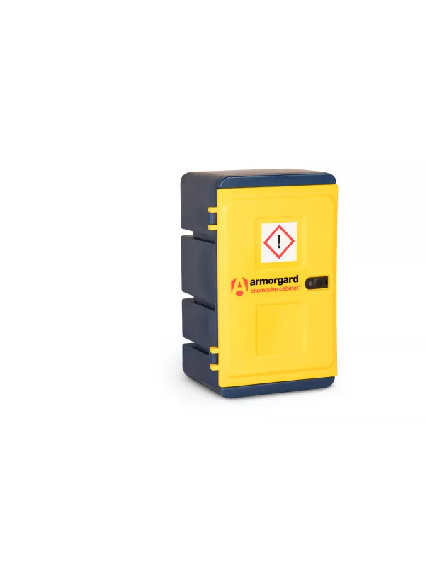 Closed Armorgard hazardous storage cabinet with yellow door and warning label