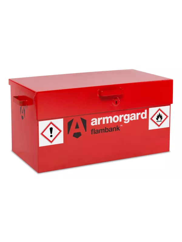 Armorgard FlamBank red hazardous storage box for flammable liquids with safety warning labels