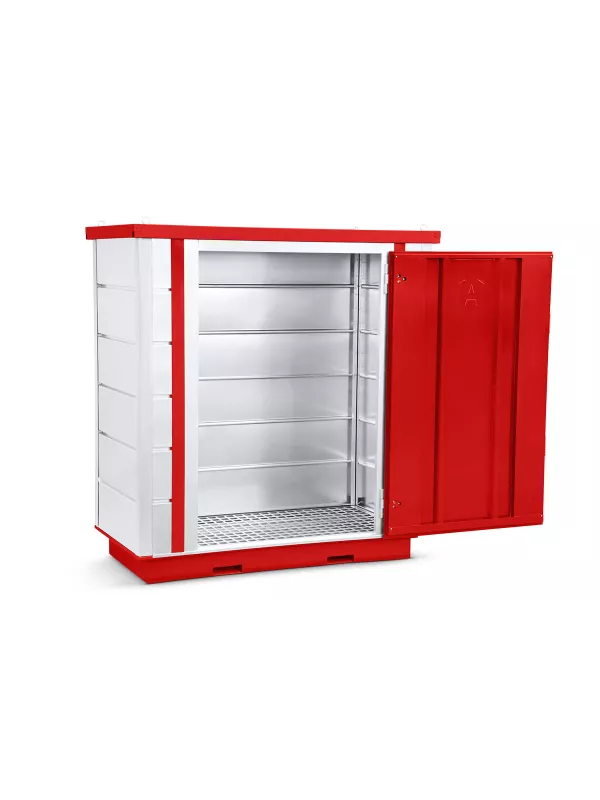 Armorgard FlamStor large red and grey flammable storage unit with open double doors for hazardous materials