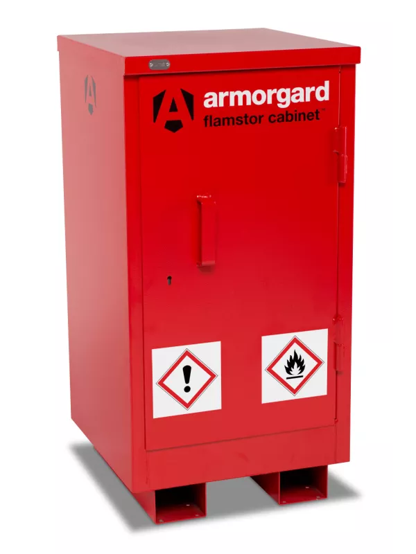 Armorgard FlamStor red flammable storage cabinet with safety warning labels for hazardous materials