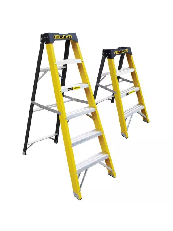 Set of three yellow and silver step ladders in different sizes.