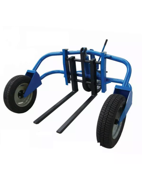 Blue pallet truck with pneumatic wheels and dual forks, designed for moving pallets and loads across uneven outdoor surfaces.