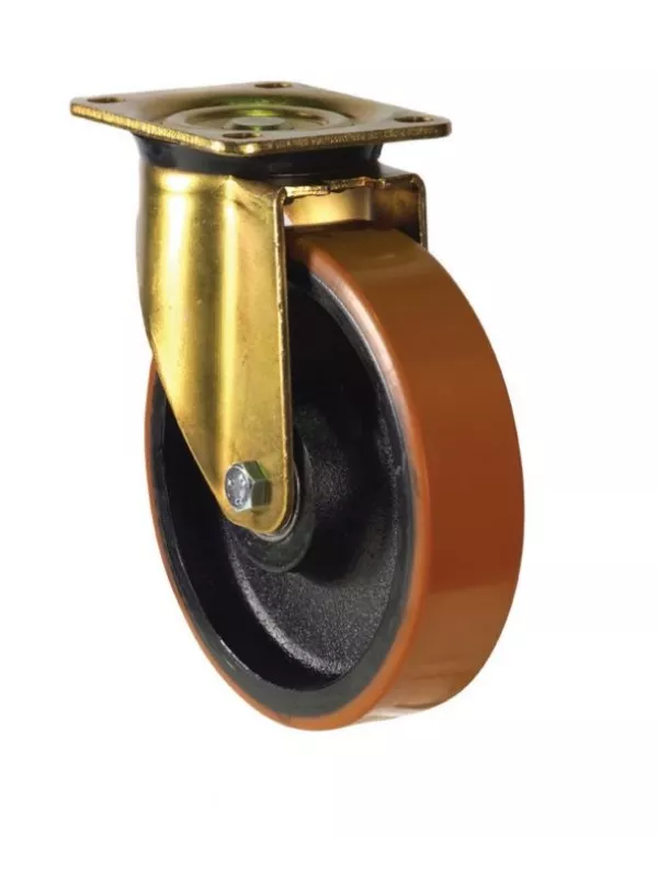 Polyurethane industrial castor wheel with gold steel bracket, designed for heavy-duty trolley applications.