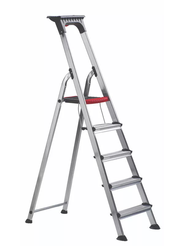 Aluminium step ladder with safety rail and red tool tray.