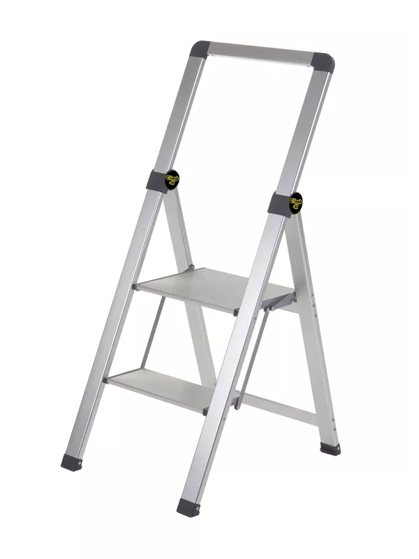 Lightweight aluminium folding step ladder with two wide steps and safety rail.