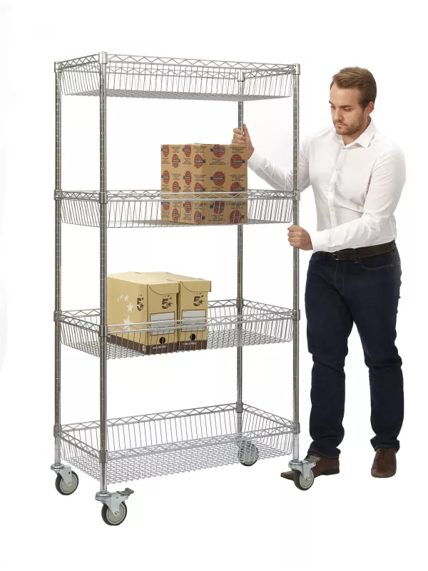 Chrome wire shelving unit on castor wheels with three adjustable shelves, shown with man loading boxes for easy mobile storage
