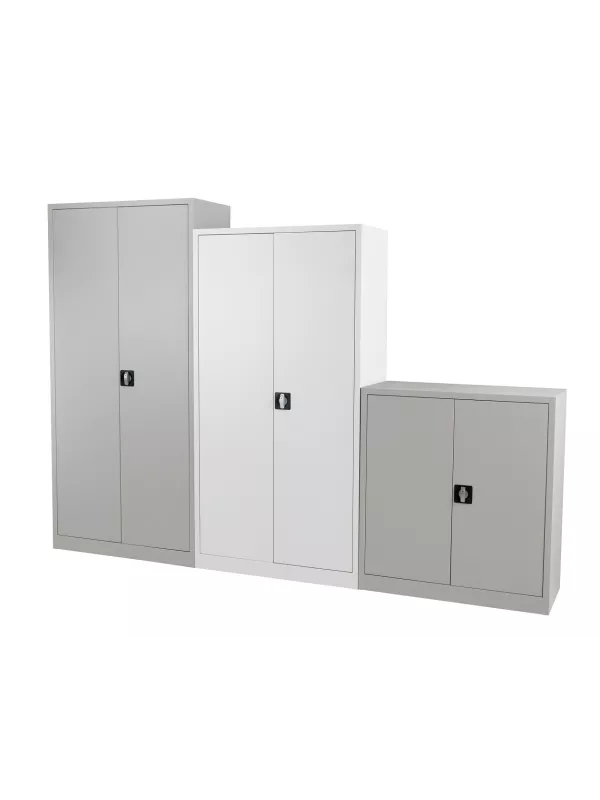 Steel office storage cupboards in multiple sizes with lockable doors