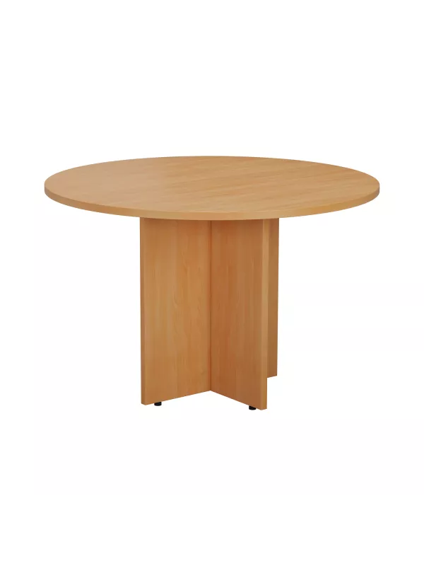 Round wooden meeting table with sturdy panel base, ideal for office conference rooms and collaborative spaces.