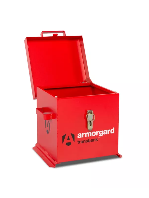 Armorgard TransBank red hazardous storage box with open lid for flammable liquids