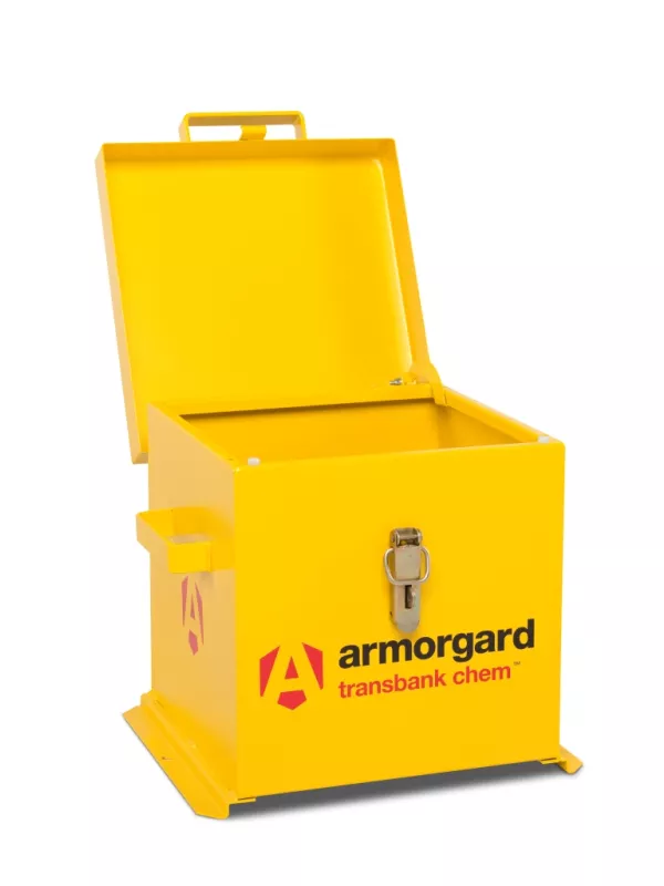Armorgard TransBank Chem yellow chemical storage box with open lid for hazardous substances