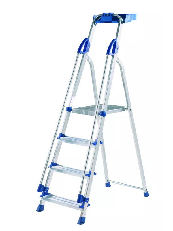 Aluminium step ladder with blue safety rail and tool tray.