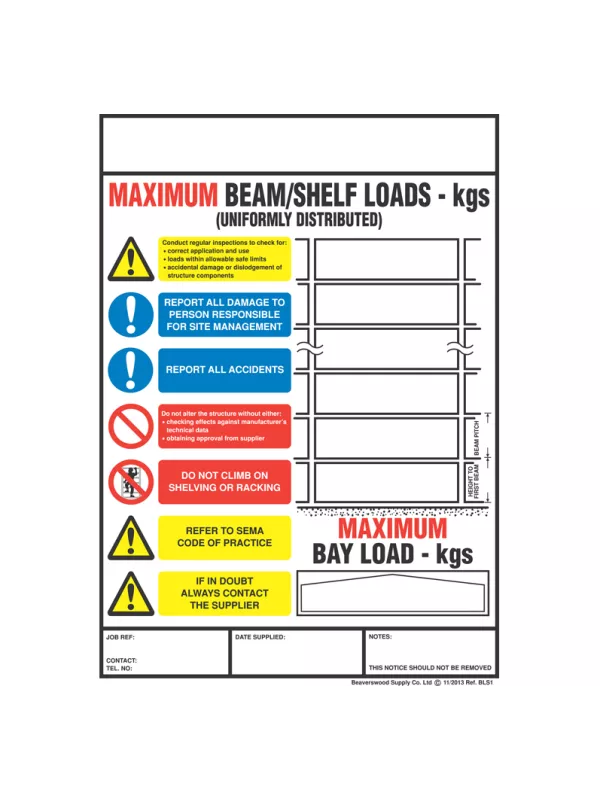 Premier Weight Load Notices - Shelf/Pallet Racking