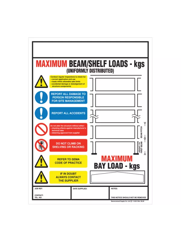 Premier Weight Load Notices - Shelf and Pallet Racking - Big Sign