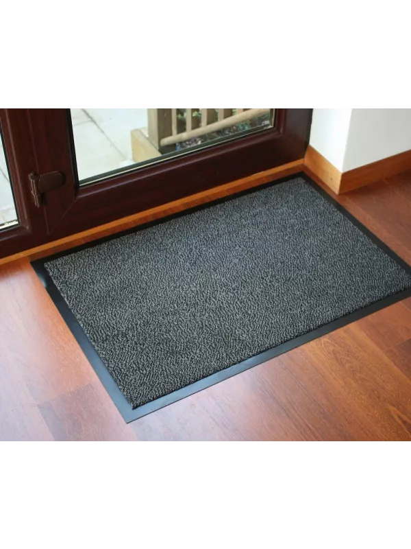 Grey entrance mat placed at doorway – moisture-absorbing and slip-resistant mat for home or office entrances.