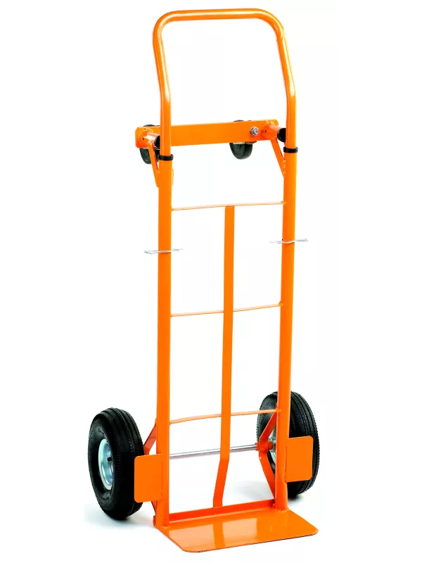 Heavy-duty orange sack truck with large wheels and strong steel frame for easy transport of boxes and goods