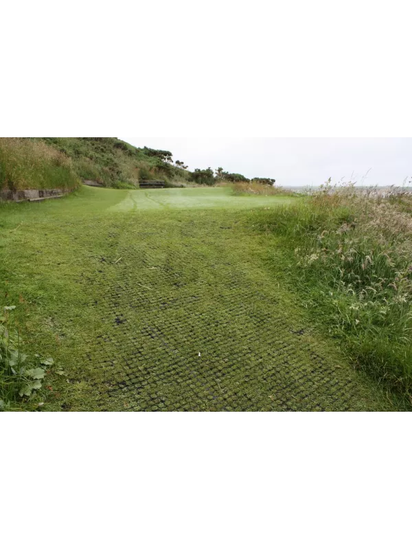 Outdoor grass protection matting laid on ground – heavy-duty turf reinforcement mesh for pathways and parking