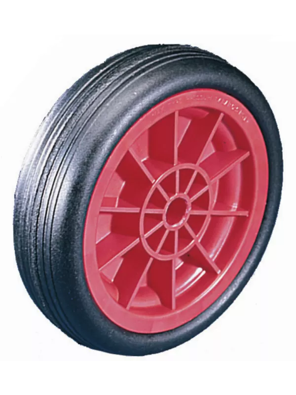 Red polypropylene centre wheel with black solid rubber tyre, designed for trolleys, barrows, and industrial equipment.