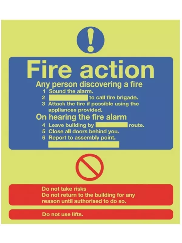 GPC Fire Action Instructions Photoluminescent Sign - Pack of 10