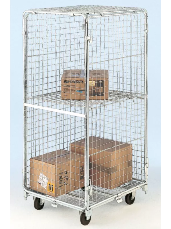 Mesh roll cage trolley with lockable door and two shelves, used for secure storage and easy transport of boxed goods in warehouses and retail.