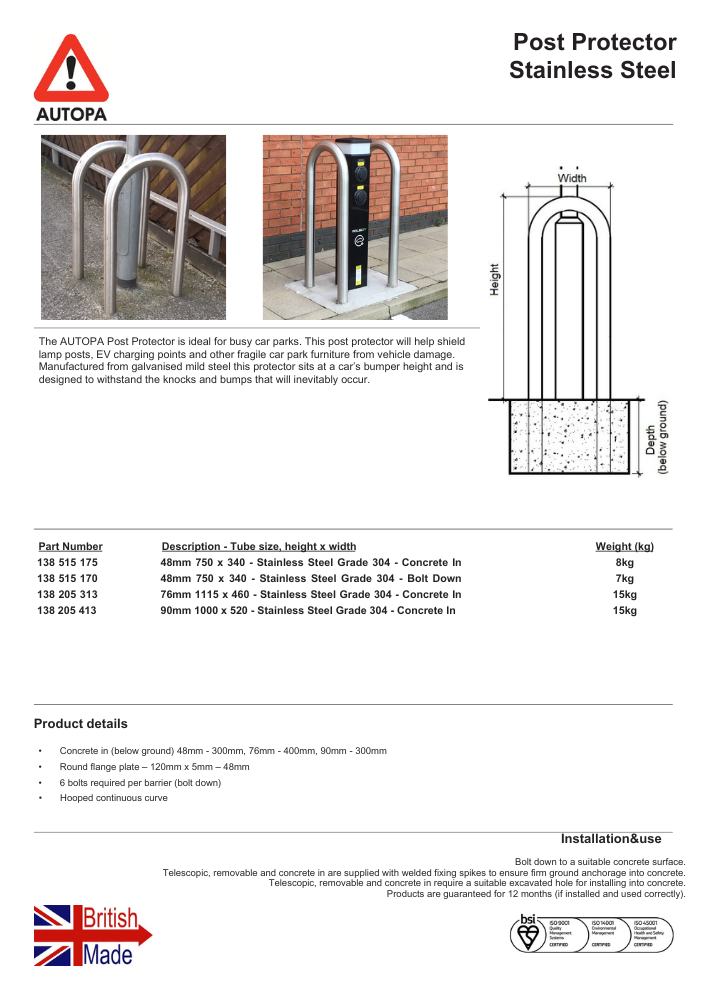 Specification - Stainless Steel Post Protector