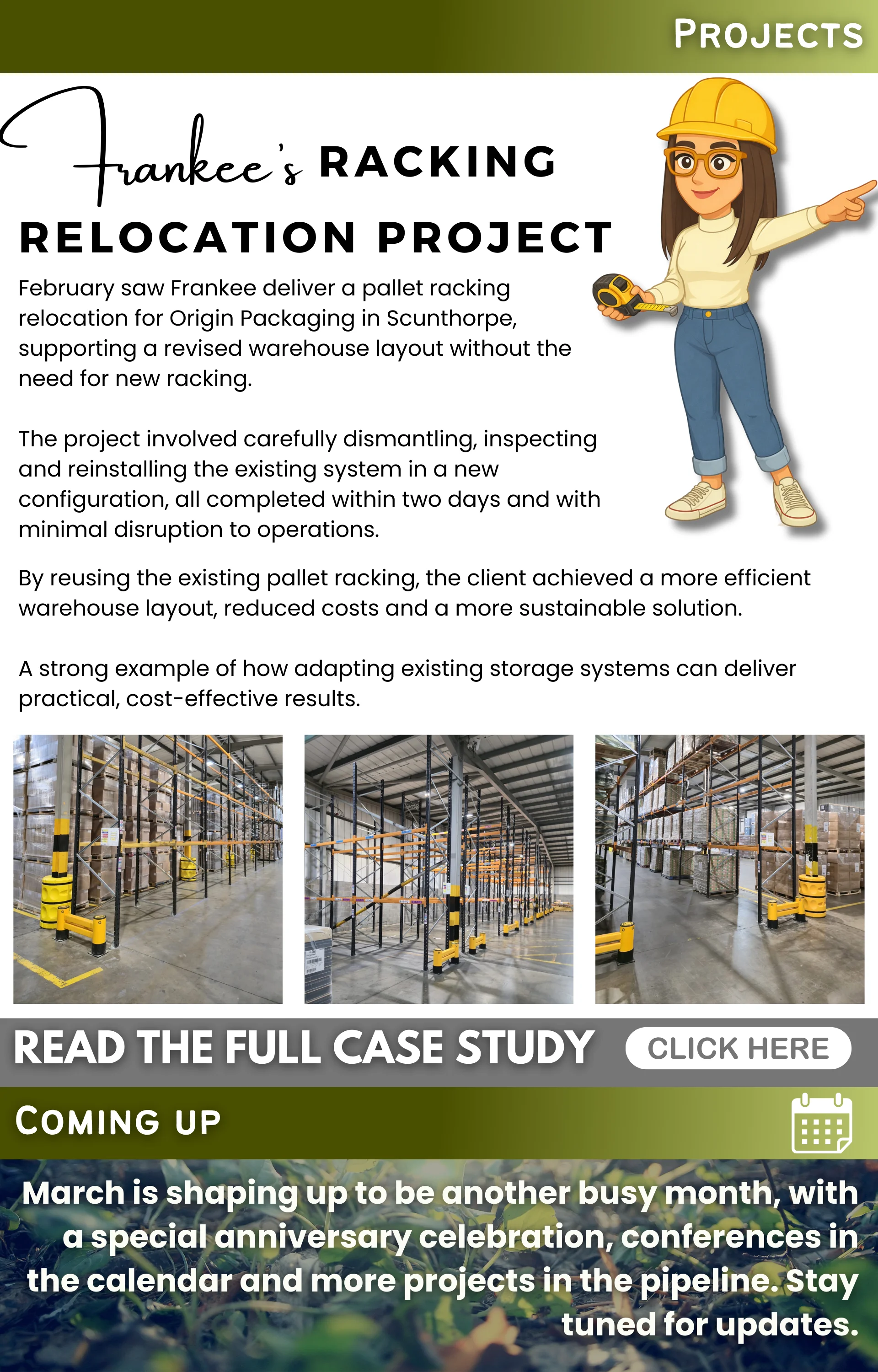 Projects section showcasing a pallet racking relocation case study and a preview of upcoming March activities.